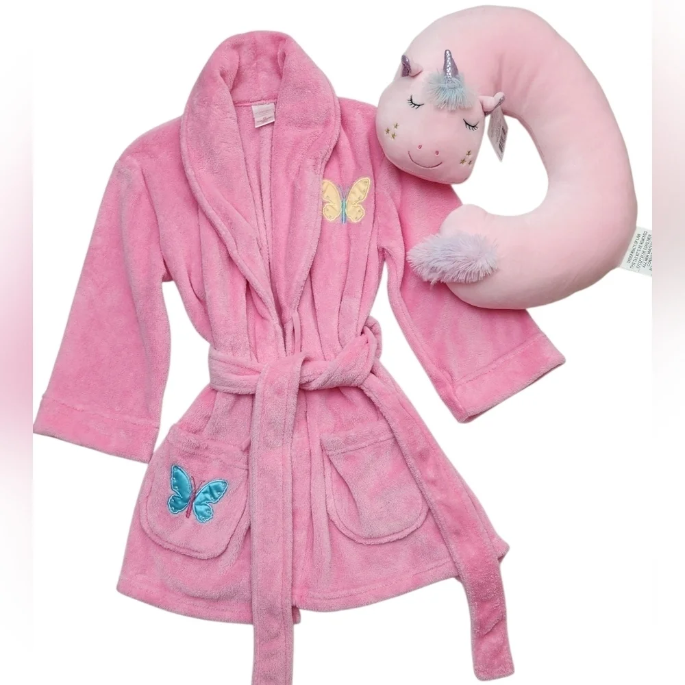 Target Pink Kids Robe with Butterfly Accents And Unicorn Neck Pillow
